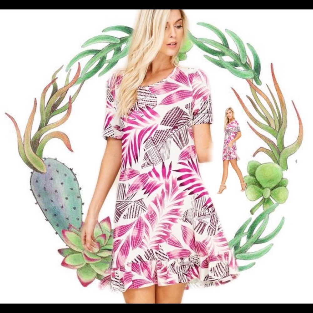 NEW Boutique Boho Palm Leaves Dress W/ Pockets
